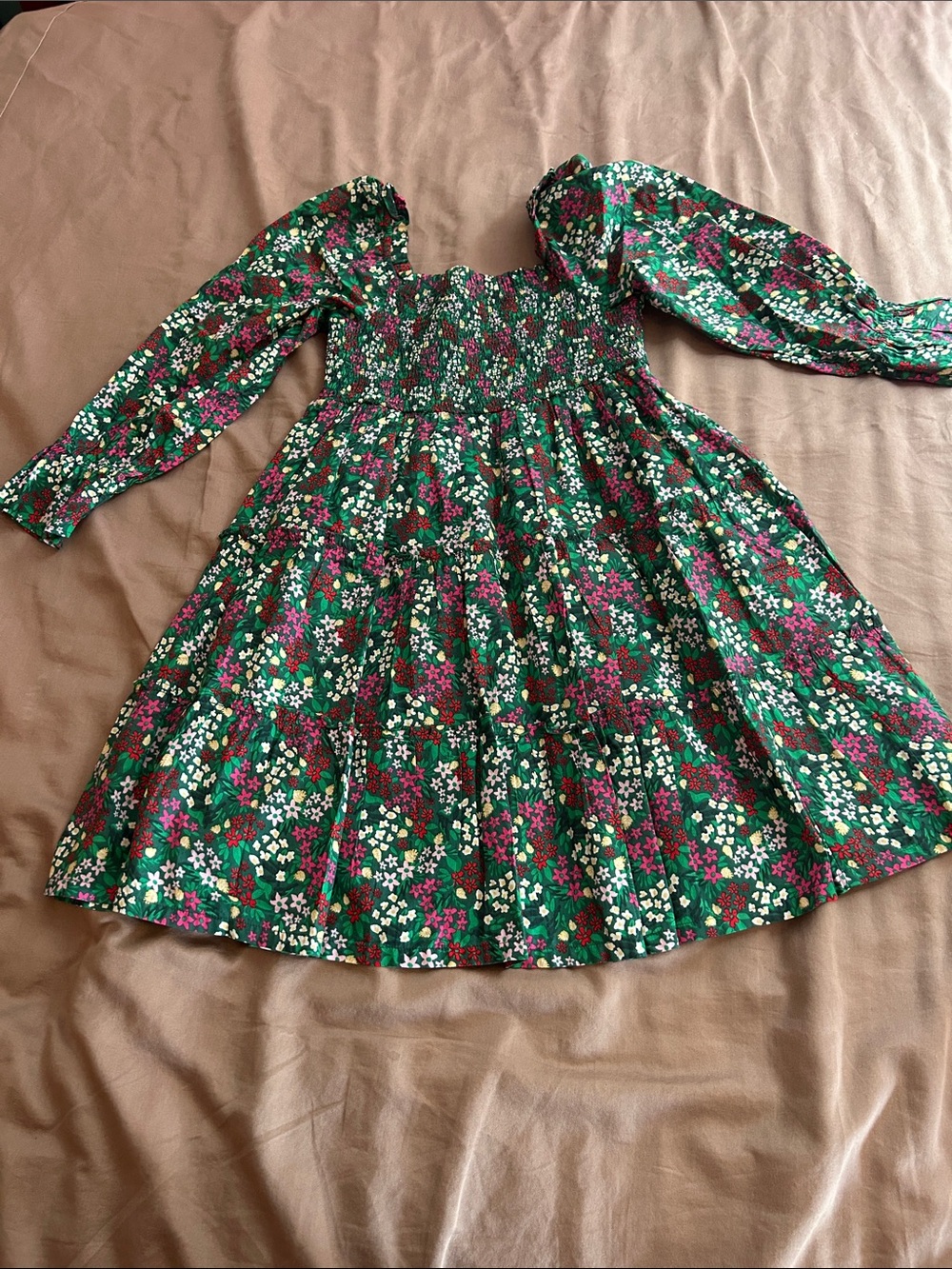 Green Floral Smocked Girls Large 3/4th Sleeve Dress